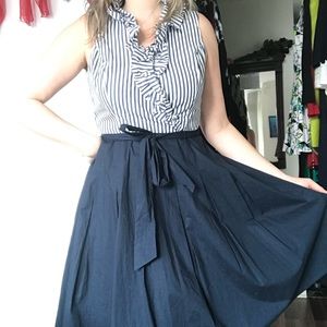 Nordstrom, blue & white striped dress, jabot neck